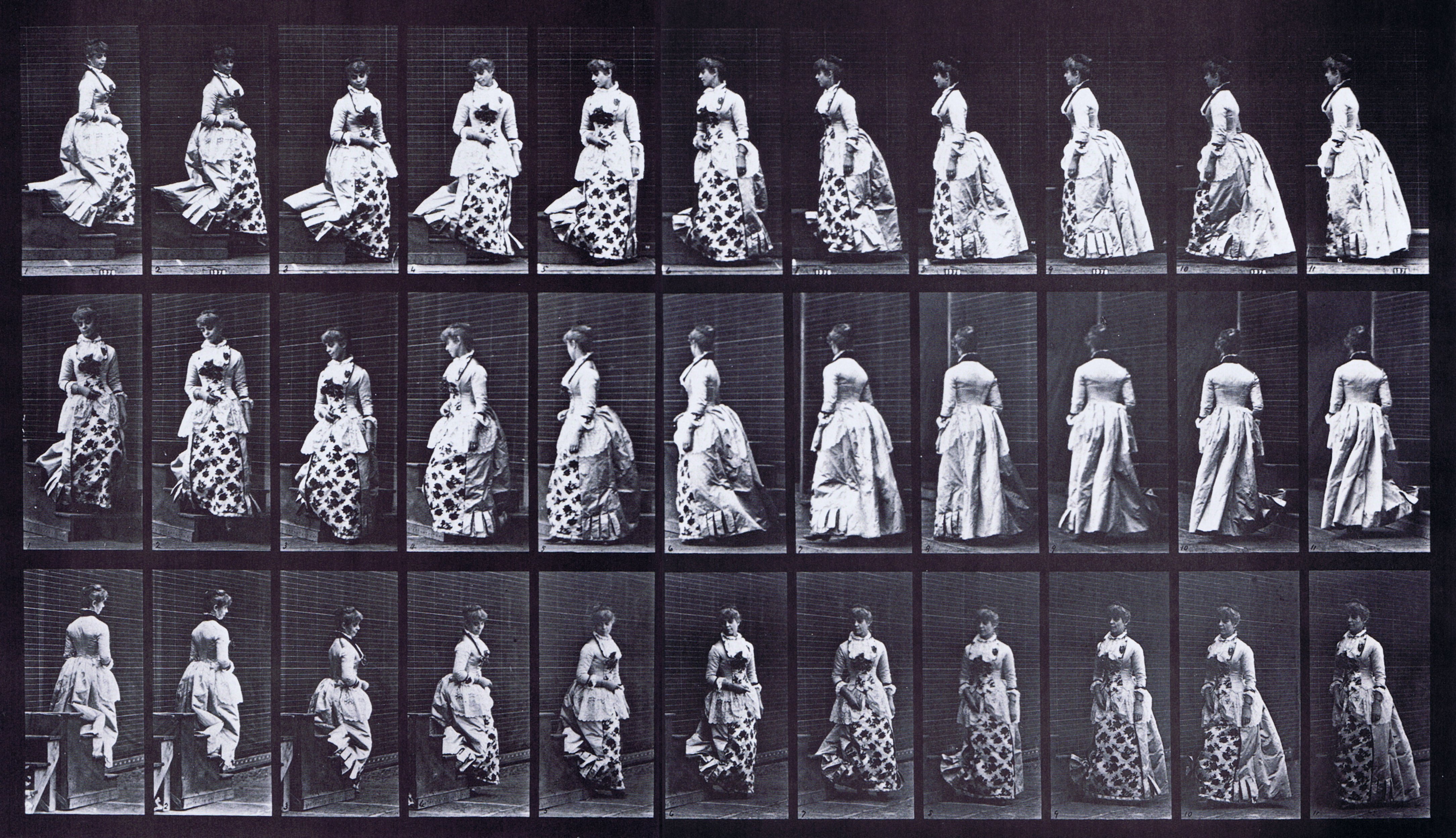 large profile, front three-quarter, and rear three-quarter views of clothed female wearing dress descending stairs and turning animation reference using muybridge plate 139 from animal locomotion
