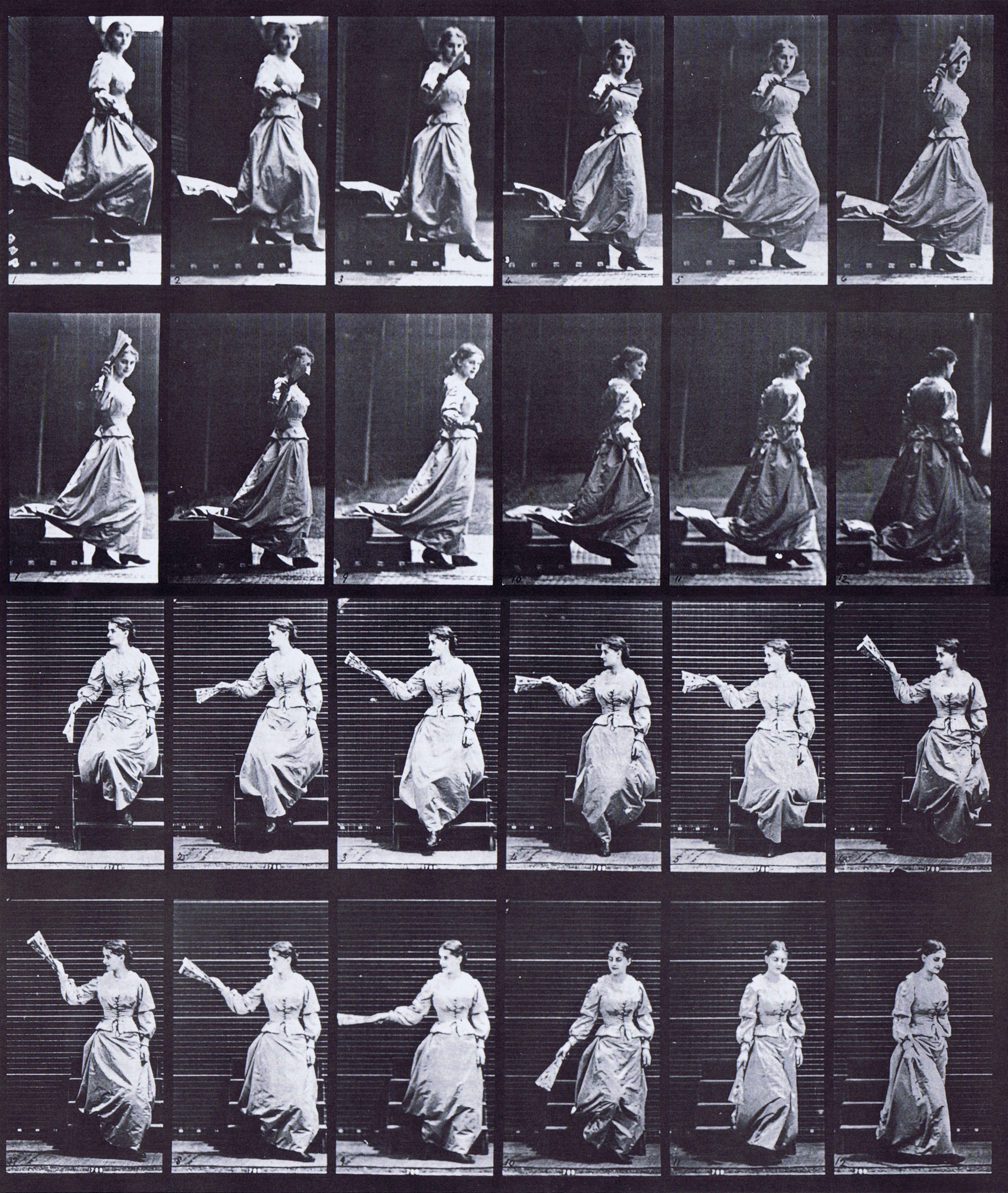 large profile and front views of clothed female descending stairs and looking around while flirting a fan animation reference using muybridge plate 140 from animal locomotion