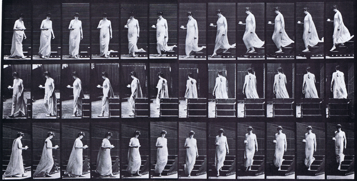 Profile, rear, and front three-quarter views of semi nude female in dress descending stairs carrying a cup and saucer in right hand animation reference using muybridge plate 143 from animal locomotion