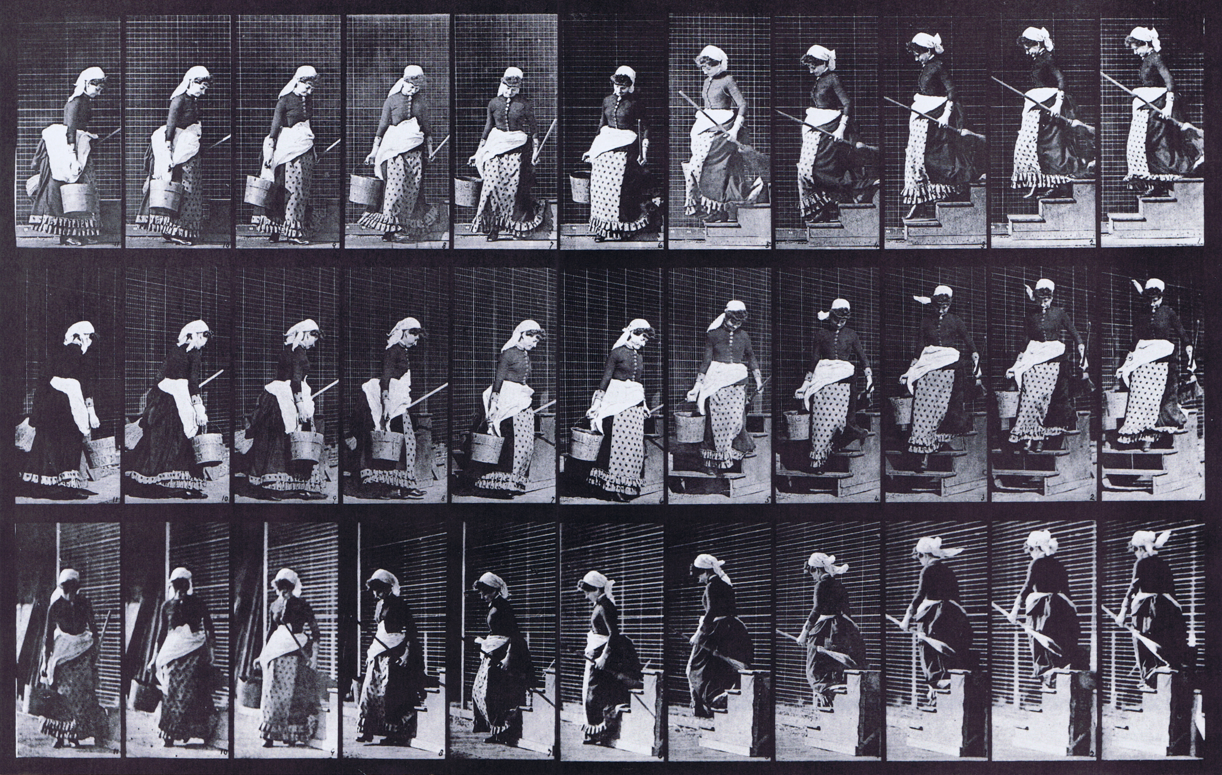 large profile, front three-quarter, and rear three-quarter views of clothed female descending stairs turning and carrying a bucket full of water and a broom animation reference using muybridge plate 148 from animal locomotion