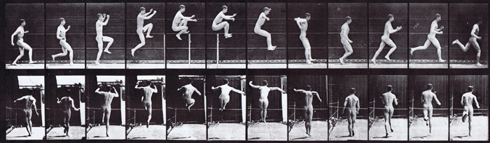 Profile and rear views of nude male running and doing straight high jump animation reference using muybridge plate 154 from animal locomotion