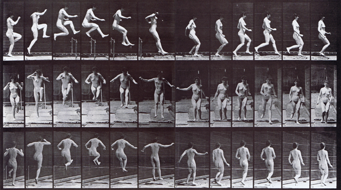 Profile, and rear three-quarter view of nude female straight jumping over hurdle animation reference using muybridge plate 155 from animal locomtion