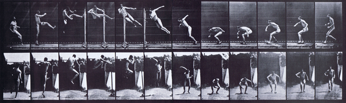 Profile and rear views of semi nude male wearing underwear running and jumping a twist high jump animation reference using muybridge plate 158 from animal locomotion