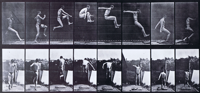 Profile and rear views of semi nude male wearing underwear running and jumping the broad jump animation reference using muybridge plate 160 from animal locomotion