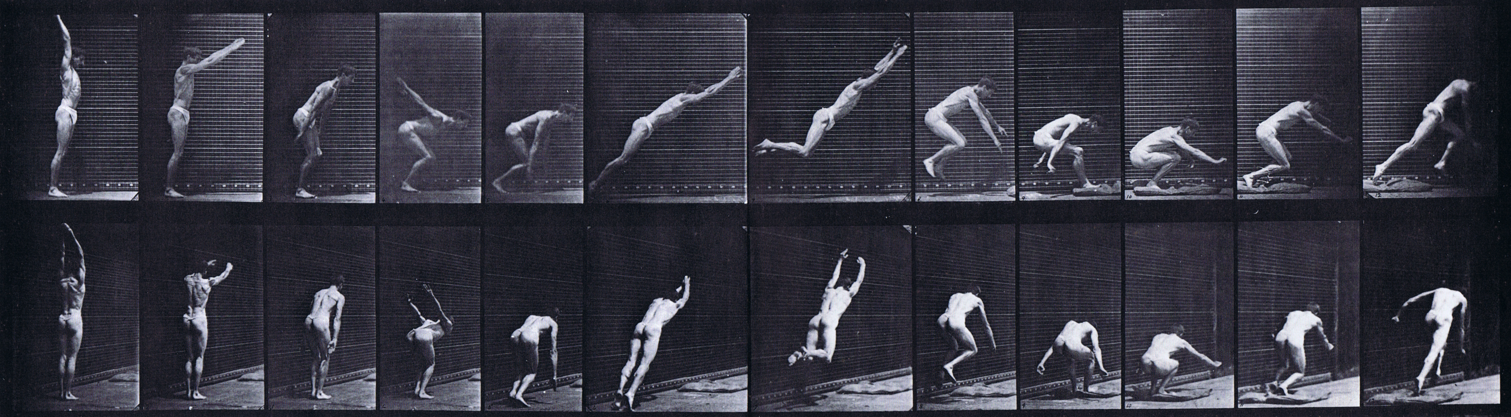 large profile and rear three-quarter views of semi nude male wearing underwear jumping the standing broad jump animation reference using muybridge plate 162 from animal locomotion