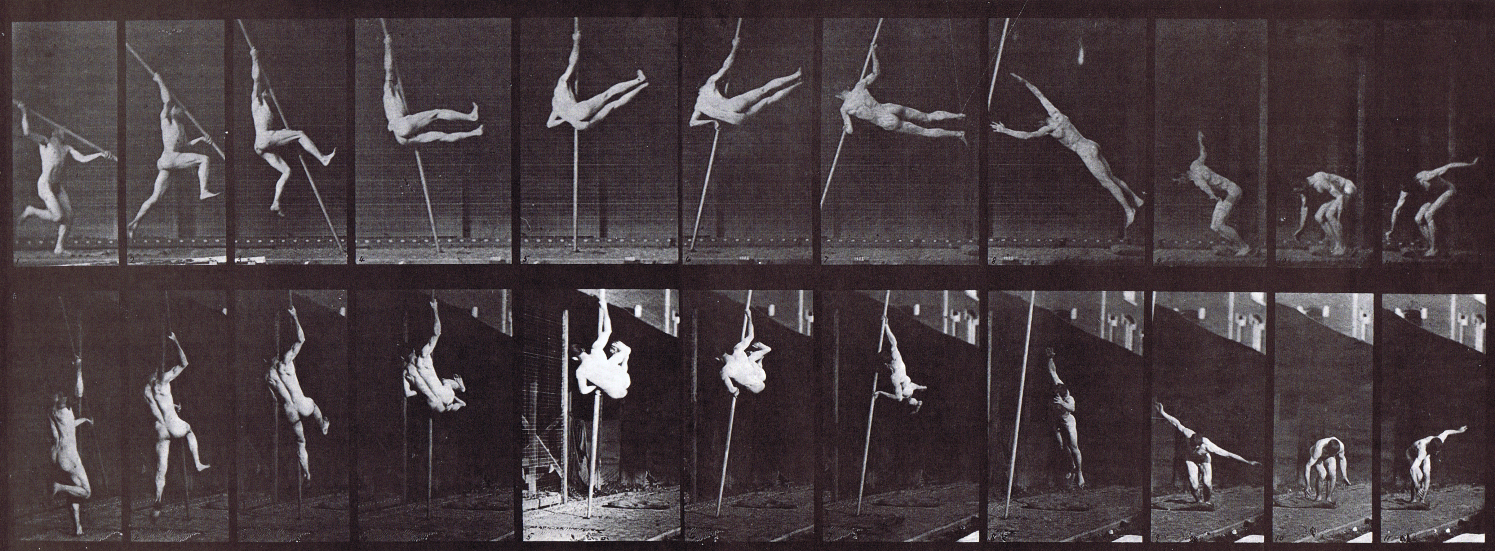 large profile and rear three-quarter views of nude male pole vaulting anima...