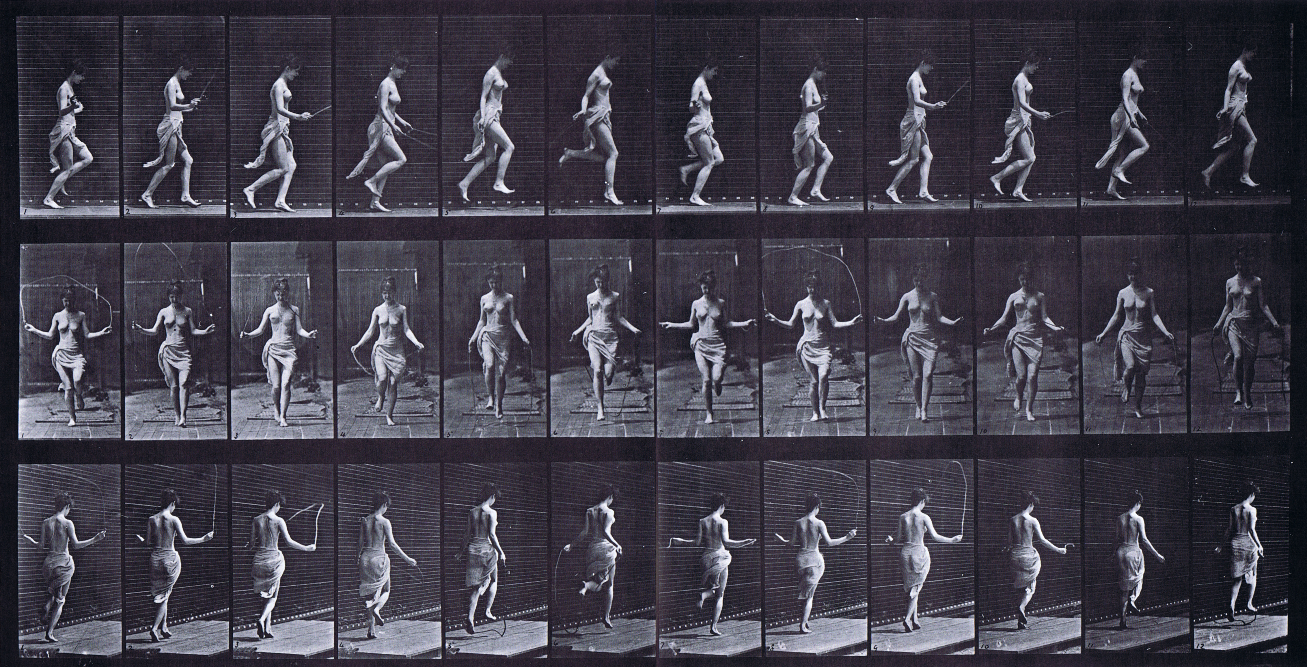 large profile, front, and rear three-quarter view of semi nude female in cloth skirt running and jumping with a skipping rope animation reference using muybridge plate 174 from animal locomotion