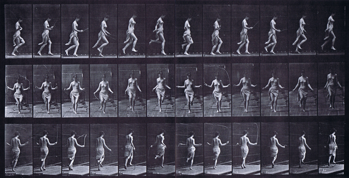 Profile, front, and rear three-quarter view of semi nude female in cloth skirt running and jumping with a skipping rope animation reference using muybridge plate 174 from animal locomotion