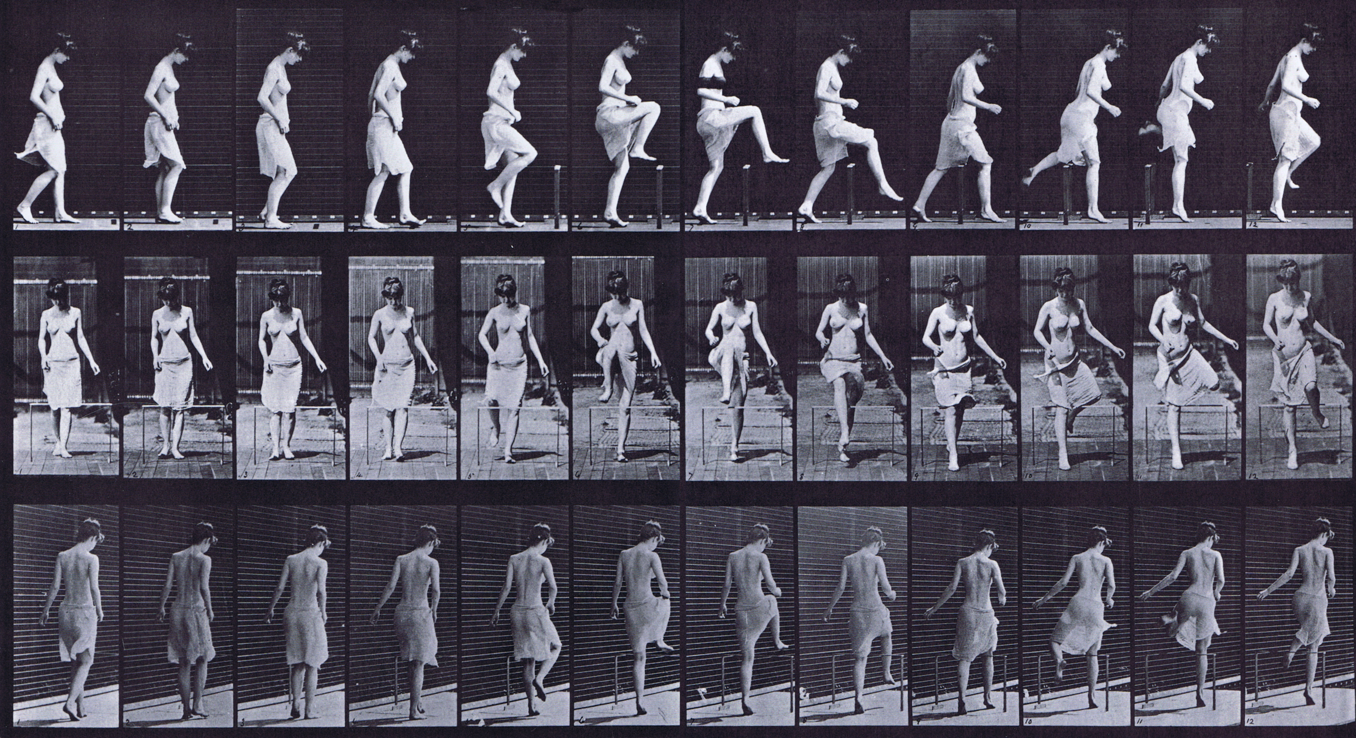 large profile, front, and rear three-quarter views semi nude female wearing cloth skirt stepping over fence or hurdle animation reference using muybridge plate 181 from animal locomotion