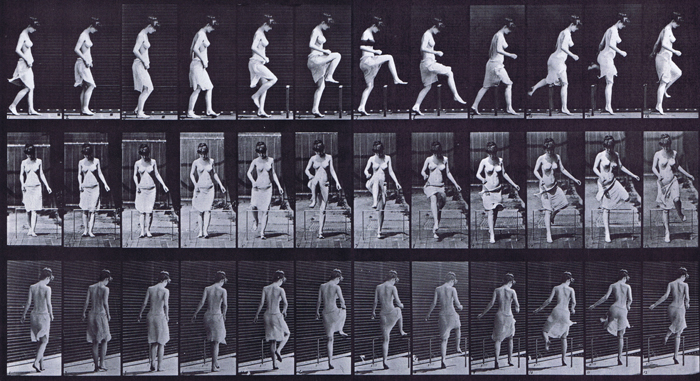 Profile, front, and rear three-quarter views semi nude female wearing cloth skirt stepping over fence or hurdle animation reference using muybridge plate 181 from animal locomotion