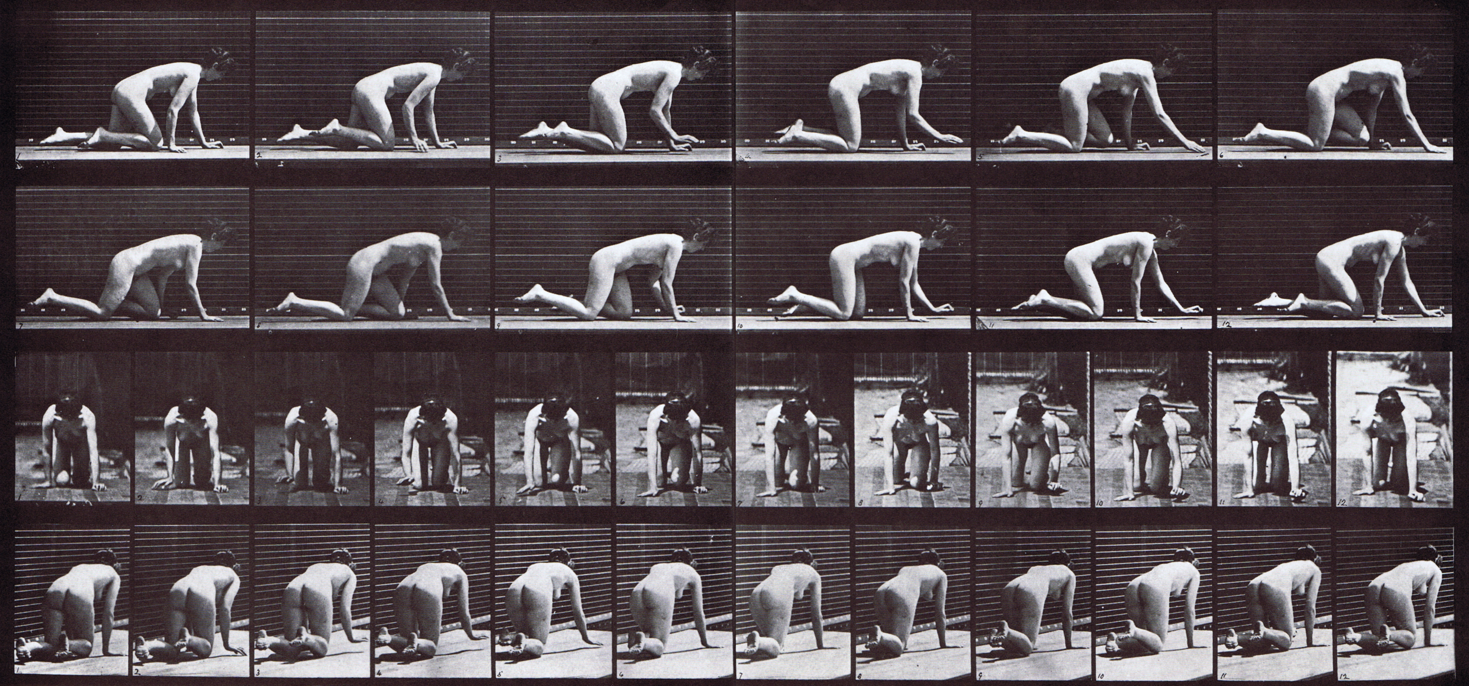 large profile, front, and rear three-quarter views of nude female looping crawl animation reference using muybridge plate 182 from animal locomotion