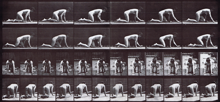 Profile, front, and rear three-quarter views of nude female looping crawl animation reference using muybridge plate 182 from animal locomotion