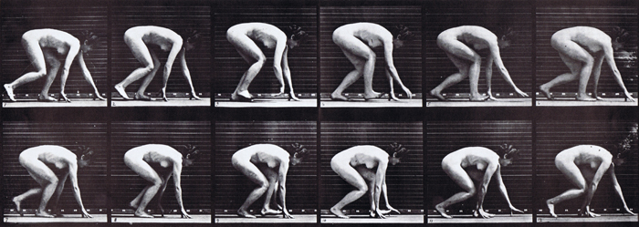 Profile view of nude female looping walk and crawl on hands and feet animation reference using muybridge plate 183 from animal locomotion