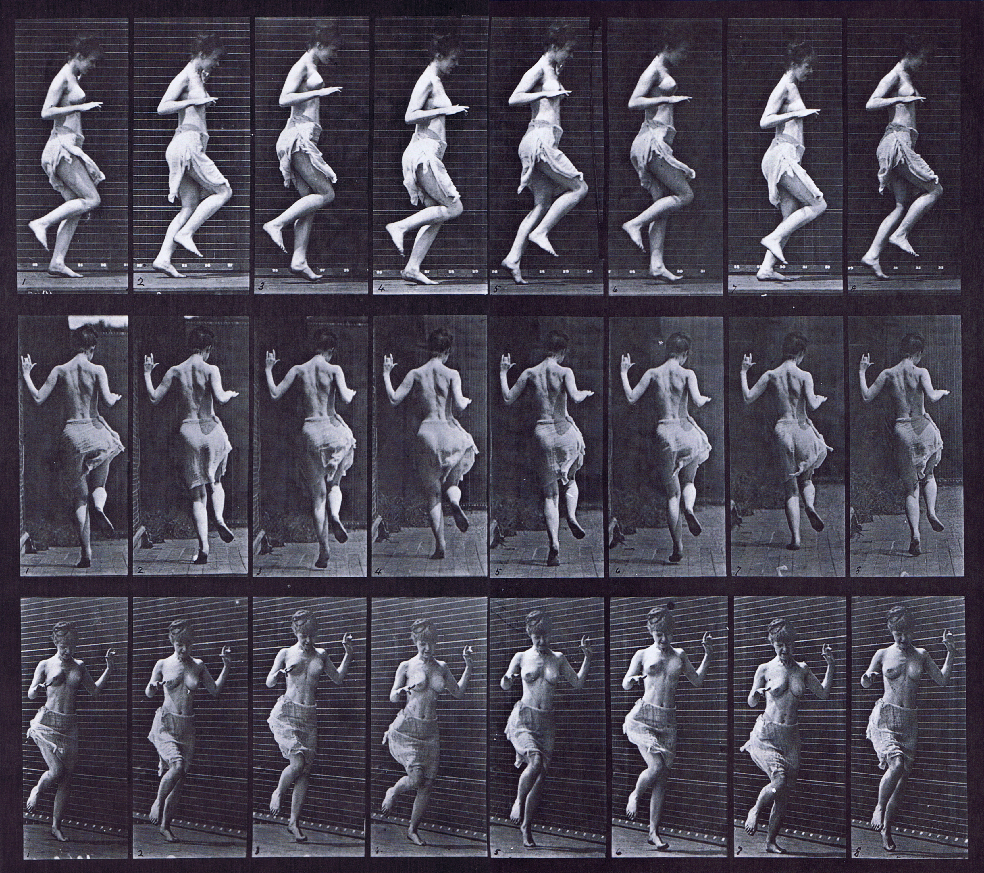 large profile, rear, and front three-quarter views of semi nude female wearing cloth skirt hopping on left foot animation reference using muybridge plate 185 from animal locomotion