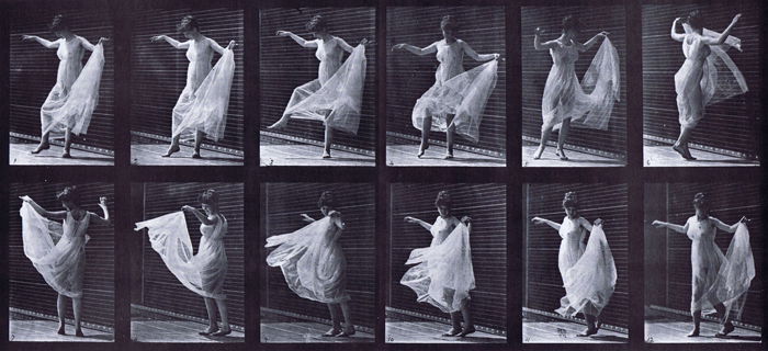 Front three-quarter view of semi nude female in dress dancing animation reference using muybridge plate 189 from animal locomotion