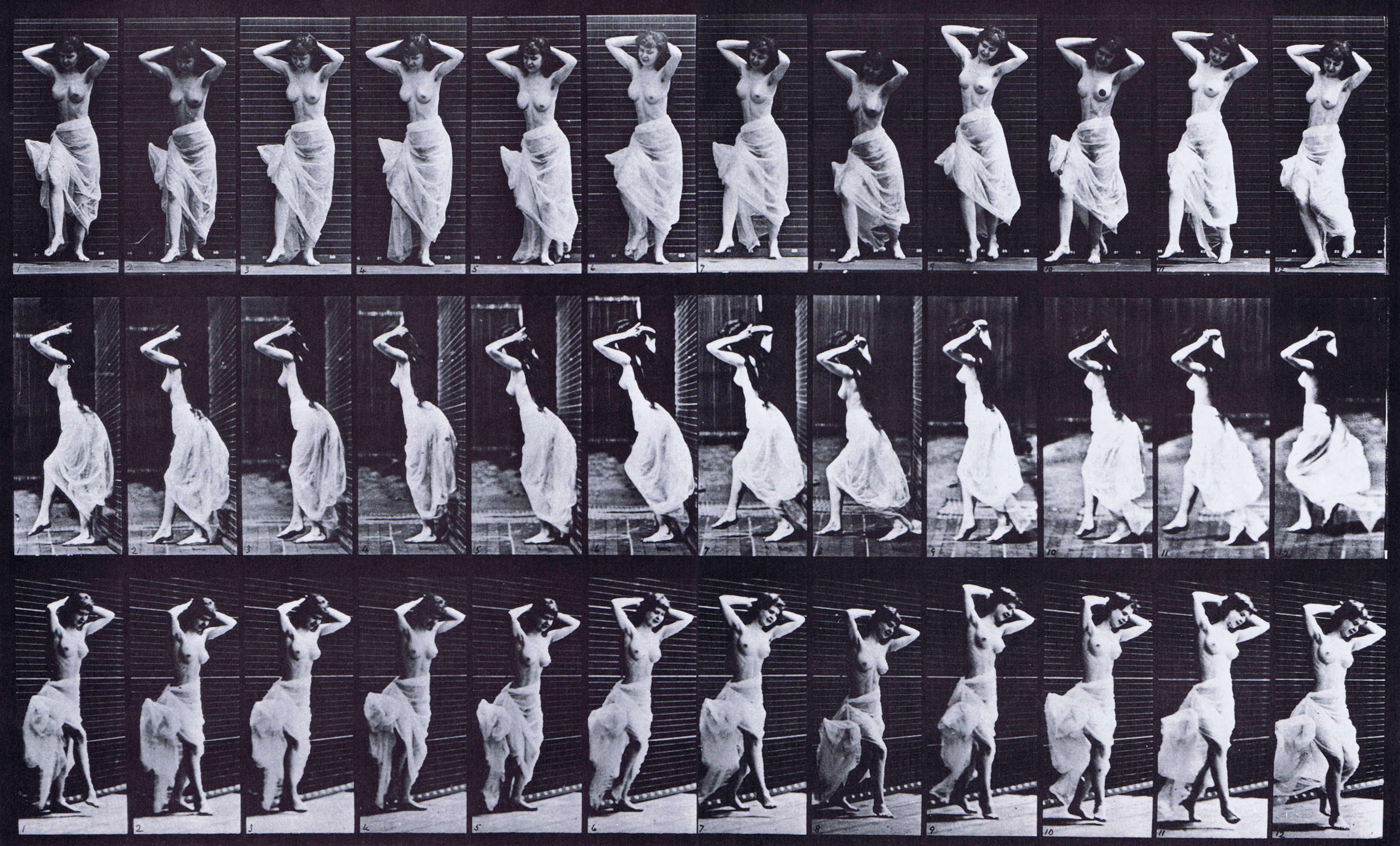 large front, profile, and front three-quarter views of semi nude female in dress dancing the nautch animation reference using muybridge plate 190 from animal locomotion