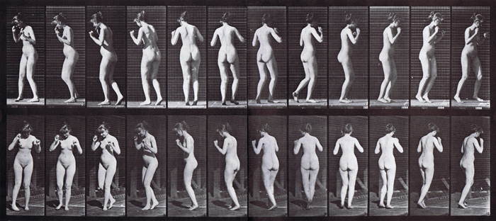 Profile and front three-quarter views of nude female dancing the waltz animation reference using muybridge plate 195 from animal locomotion
