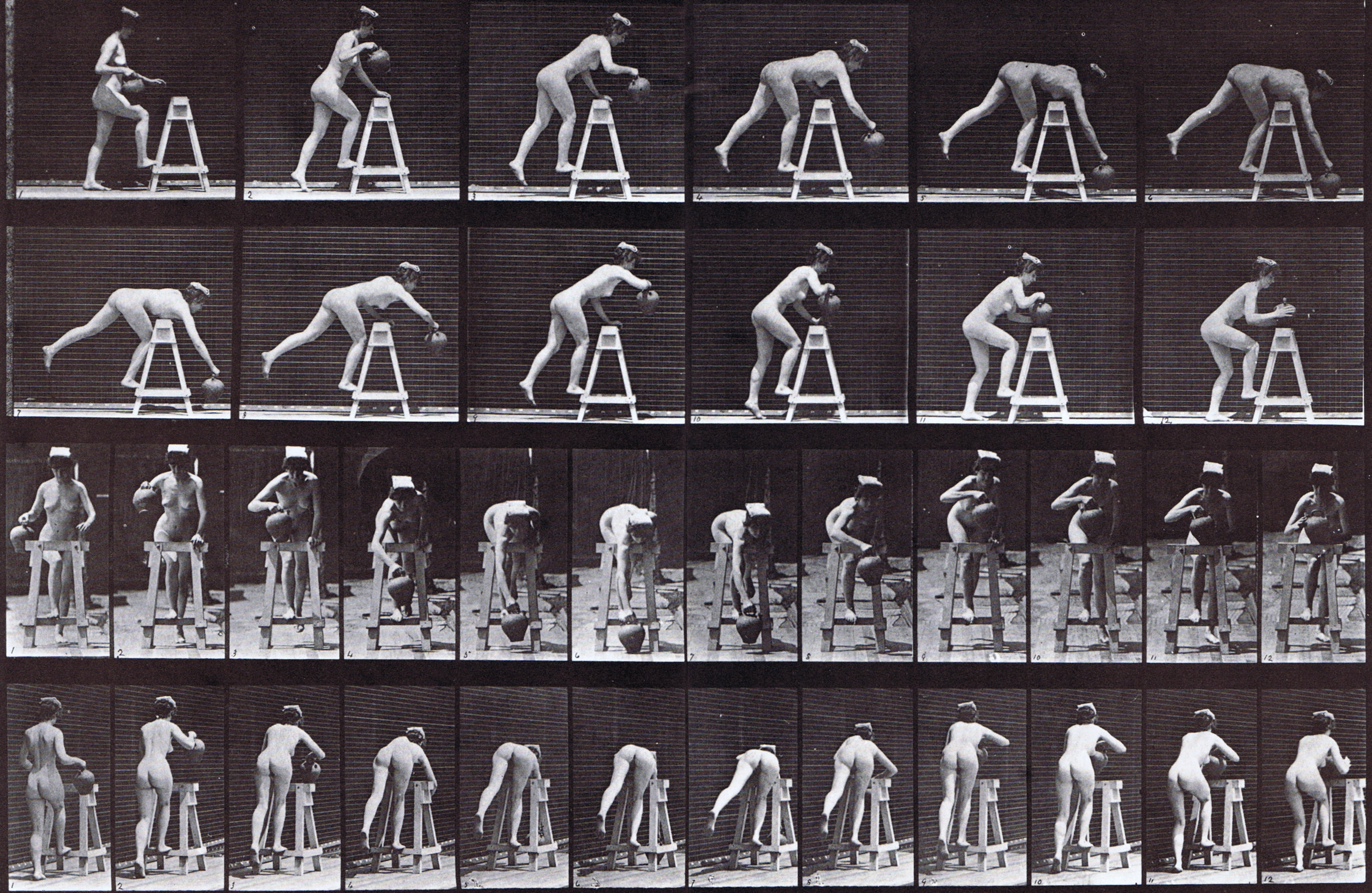 large profile, front, and rear three-quarter views of nude female bending over trestle carrying a water jar animation reference using muybridge plate 203 from animal locomotion