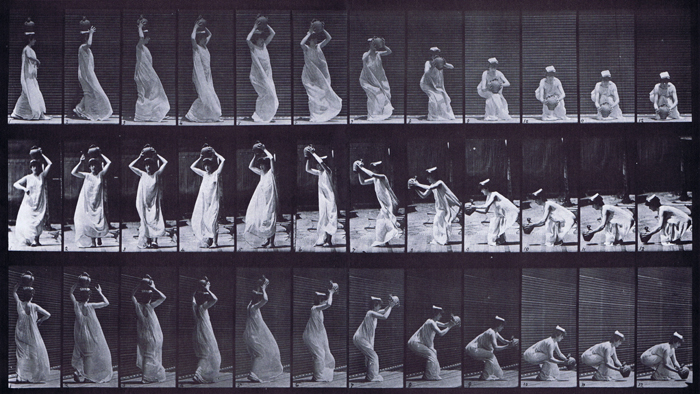 Profile, front, and rear three-quarter views of semi nude female in dress carrying a water jar on head, turning and placing jar on the ground animation reference using muybridge plate 206 from animal locomotion