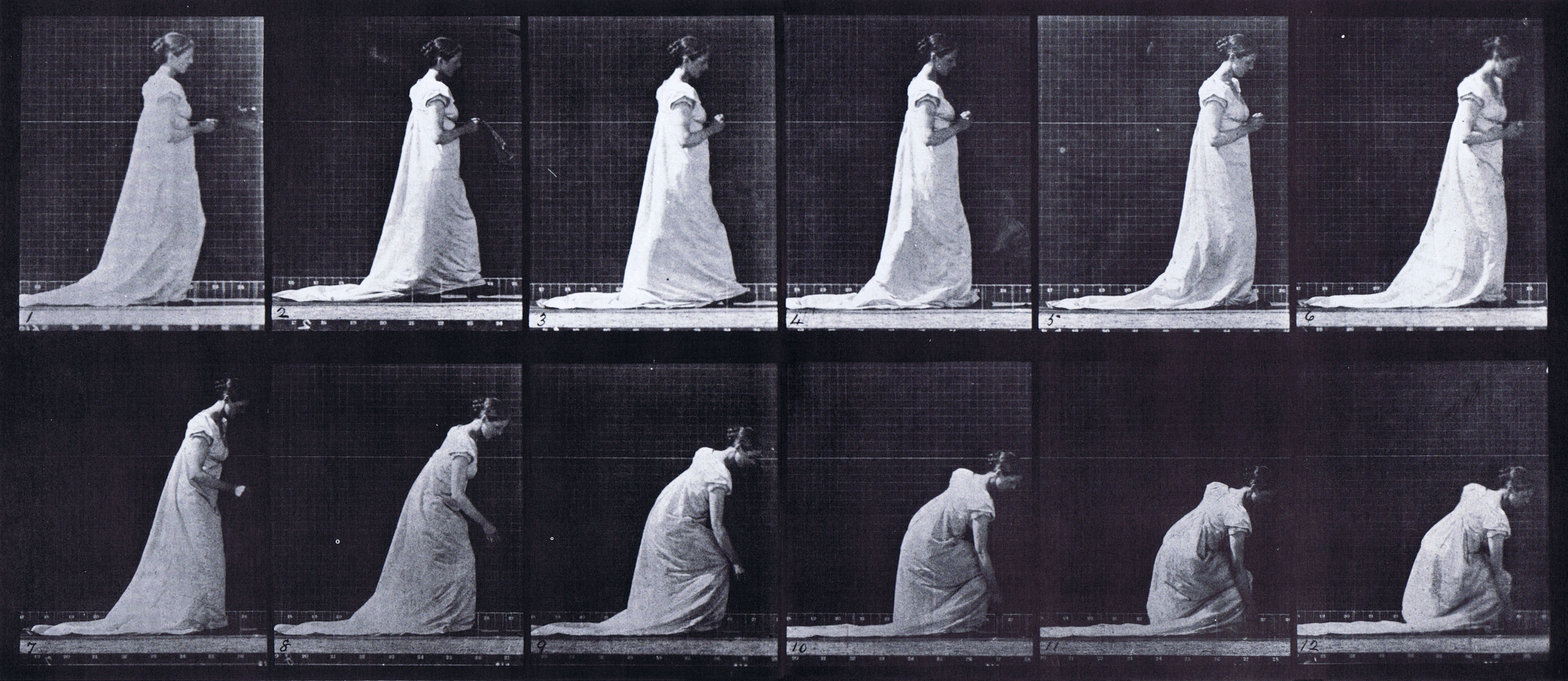 large profile view of clothed female walking and dropping fan, stooping to lift it animation reference using muybridge plate 208 from animal locomotion