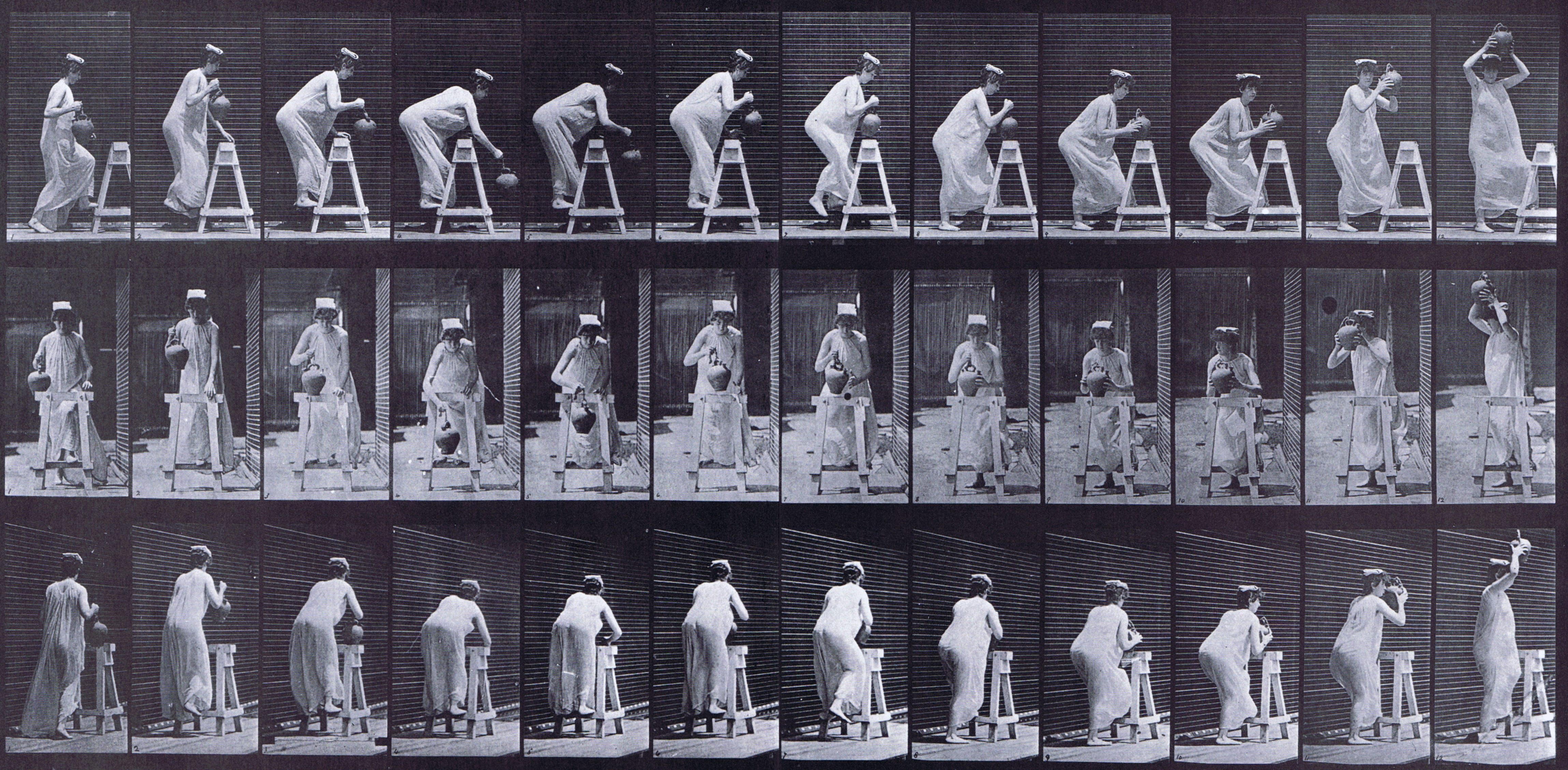 large profile, front, and rear three-quarter views of semi nude female in dress bending over and filling water jar, then placing it on head animation reference using muybridge plate 216 from animal locomotion