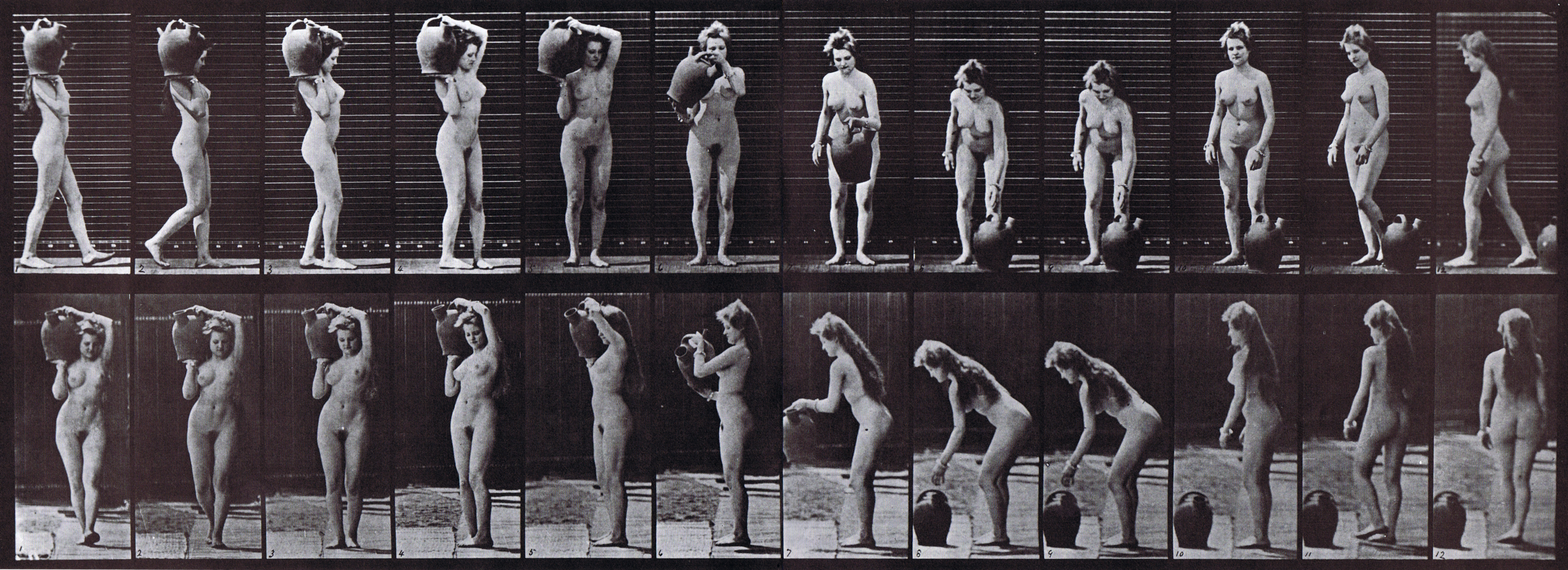 large profile and front views of nude female placing a water jar on the ground from shoulder then turning animation reference using muybridge plate 226 from animal locomotion