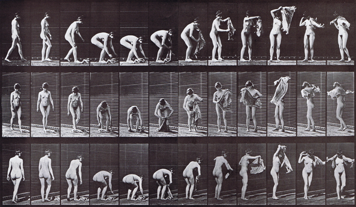 Profile, front three-quarter, and rear three-quarter views of nude female lifting cloth from the ground and placing around shoulder then turning animation reference using muybridge plate 227 from animal locomotion