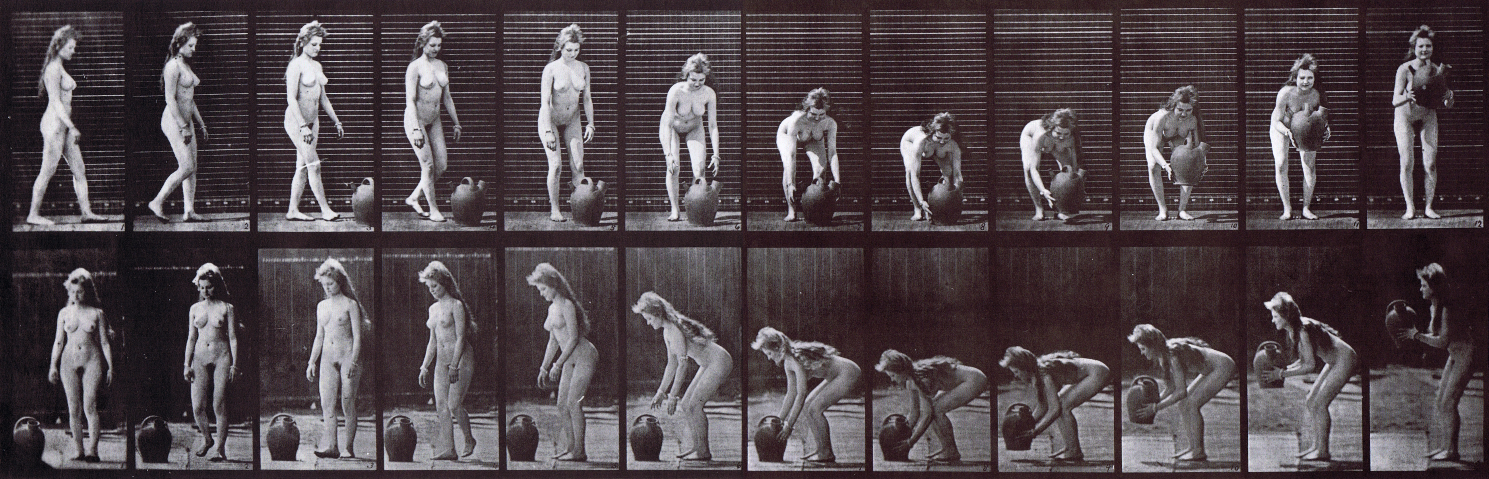 large profile and front views of nude female turning and lifting a water jar from the ground animation reference using muybridge plate 228 from animal locomotion