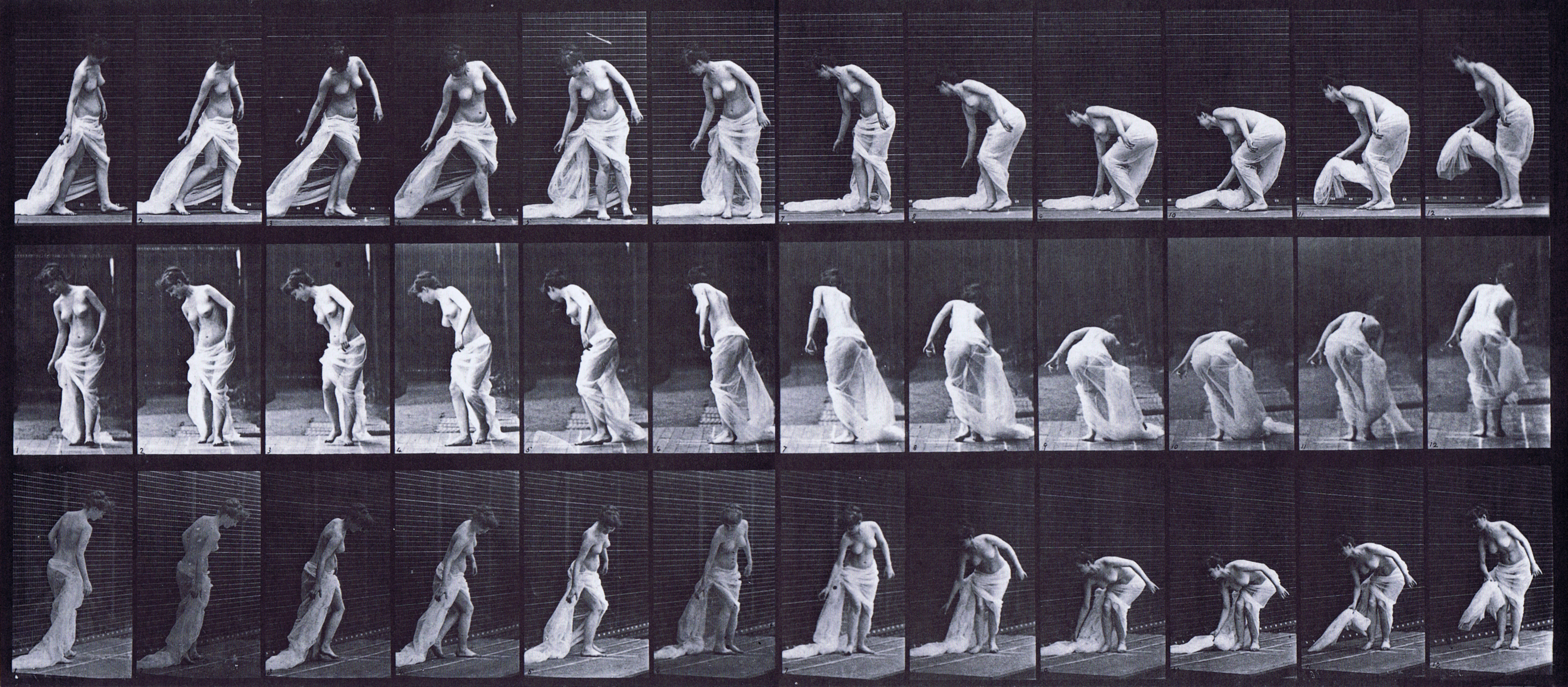 large profile, front, and rear three-quarter views of semi nude female in cloth skirt walking, stoping, then stooping to lift train then turning animation reference using muybridge plate 232 from animal locomotion