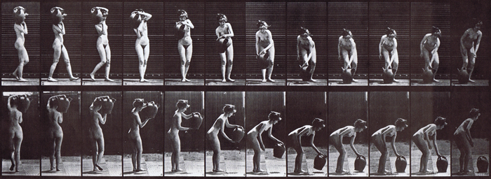 Profile and rear views of nude female turning and placing a water jar on the ground from shoulder animation reference using muybridge plate 235 from animal locomotion