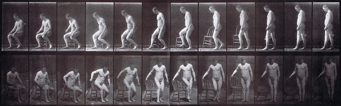 Profile and front views of nude male placing chair then sitting down animation reference using muybridge plate 236 from animal locomotion