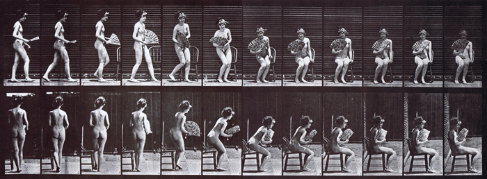 Profile and rear views nude female walking then sitting in a chair, opening a fan animation reference using muybridge plate 237 from animal locomotion