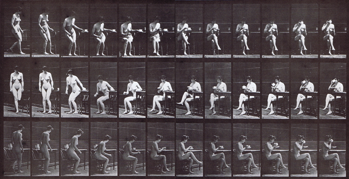 Profile, front three-quarter, and rear three-quarter views of nude female sitting in chair and crossing legs then drinking from teacup animation reference using muybridge plate 238 from animal locomotion