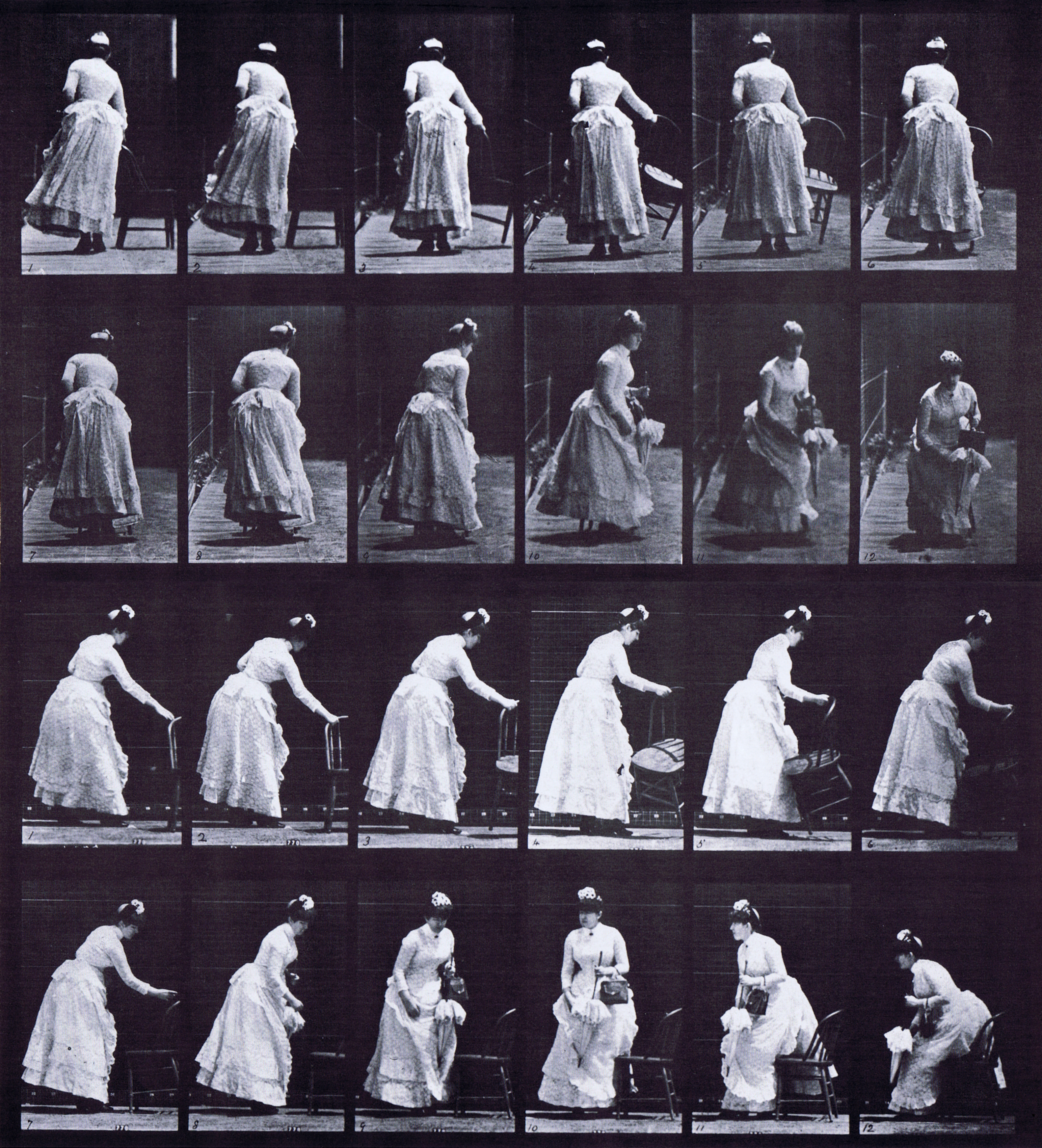 large rear and profile views of clothed female placing a chair then sitting with a parasol in left hand animation reference using muybridge plate 243 from animal locomotion