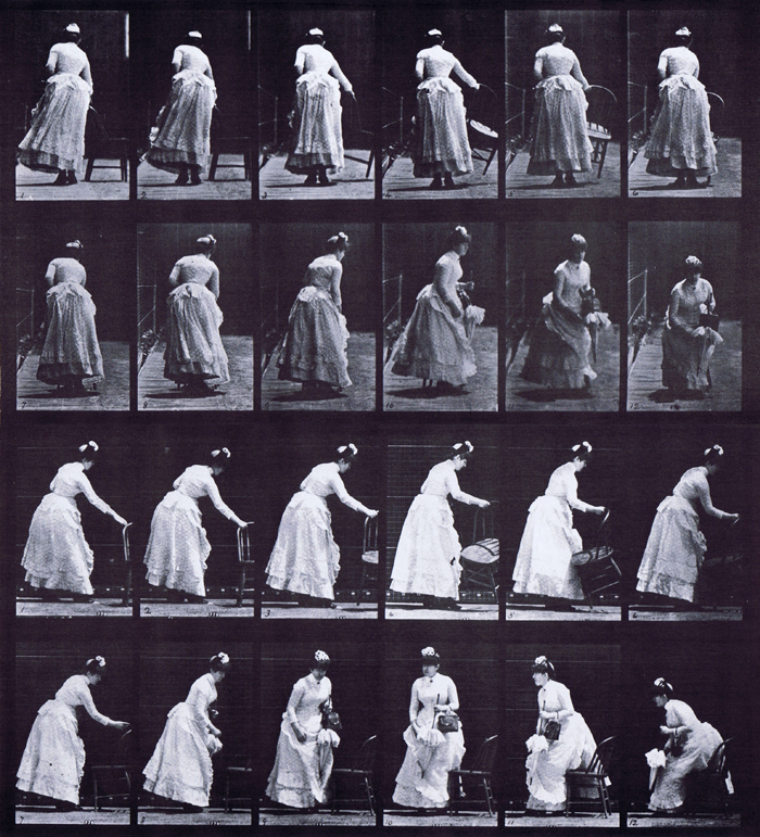 Rear and profile views of clothed female placing a chair then sitting with a parasol in left hand animation reference using muybridge plate 243 from animal locomotion