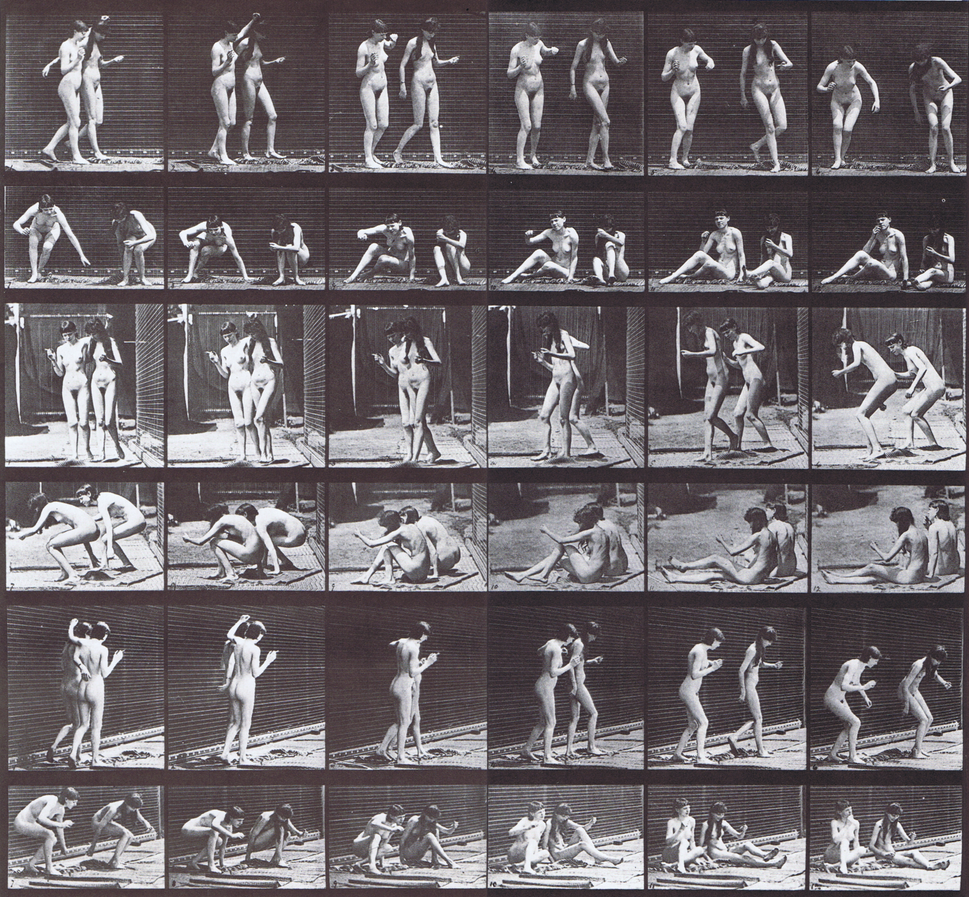 large profile, front, and rear three-quarter views of two nude females turning then sitting on the ground animation reference using muybridge plate 245 from animal locomotion