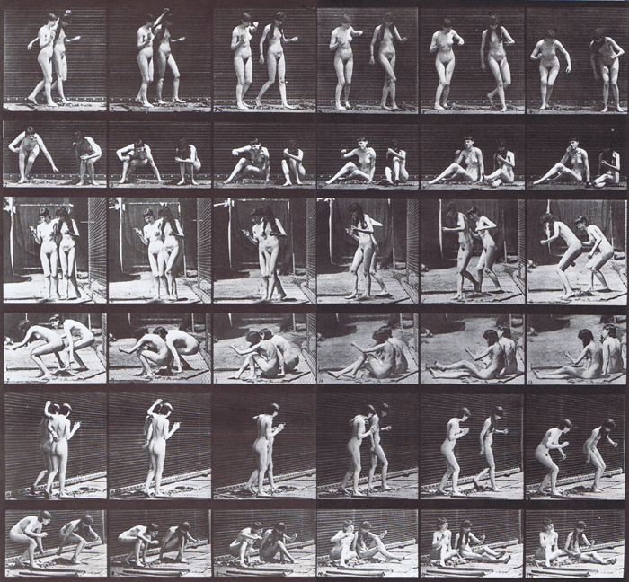 Profile, front, and rear three-quarter views of two nude females turning then sitting on the ground animation reference using muybridge plate 245 from animal locomotion