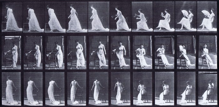 Profile, front, and rear three-quarter views of semi nude female in dress and placing chair then sitting and flirting a fan animation reference using muybridge plate 246 from animal locomotion