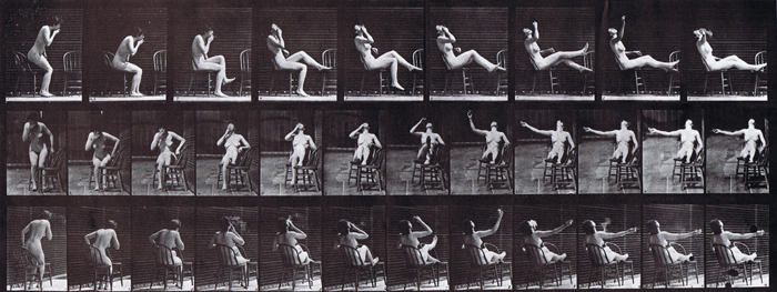 Profile, front, and rear three-quarter views of nude female sitting down and placing feet on a chair and smoking a cigarette animation reference using muybridge plate 247 from animal locomotion