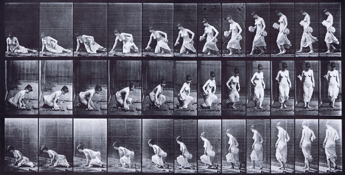 Profile, front, and rear three-quarter views of semi nude female in dress sitting down on the ground animation reference using muybridge plate 248 from animal locomotion
