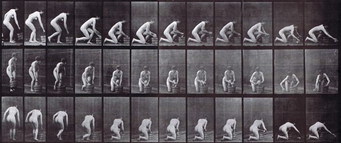 Profile, front three-quarter, and rear three-quarter views of nude female kneeling with right knee and scrubbing floor animation reference using muybridge plate 252 from animal locomotion