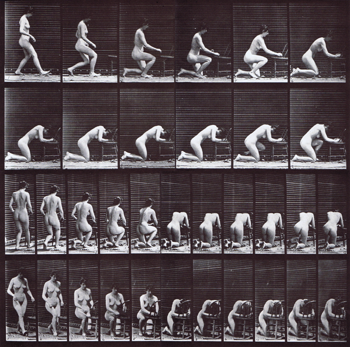 Profile, rear three-quarter, and front three-quarter views of nude female kneeling and placing elbows on chair with hands clasped animation reference using muybridge plate 254 from animal locomotion