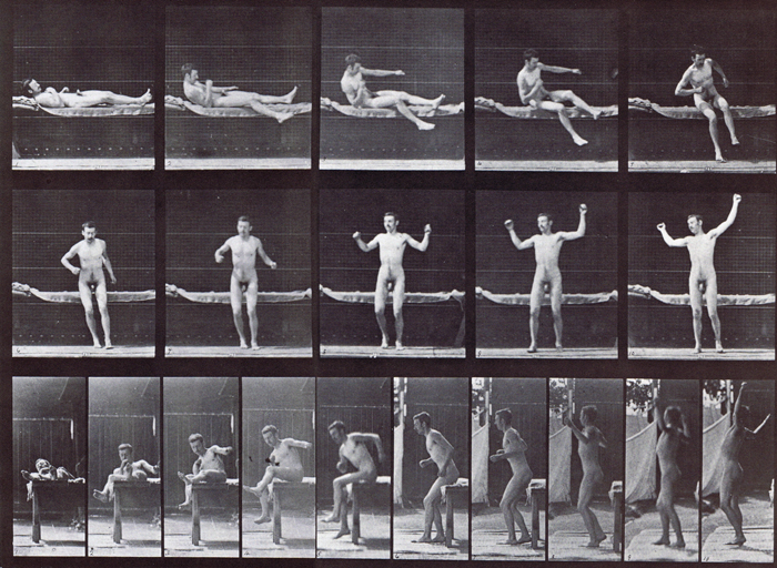 Front and profile of nude male arising from couch and streching arms animation reference using muybridge plate 260 from animal locomotion
