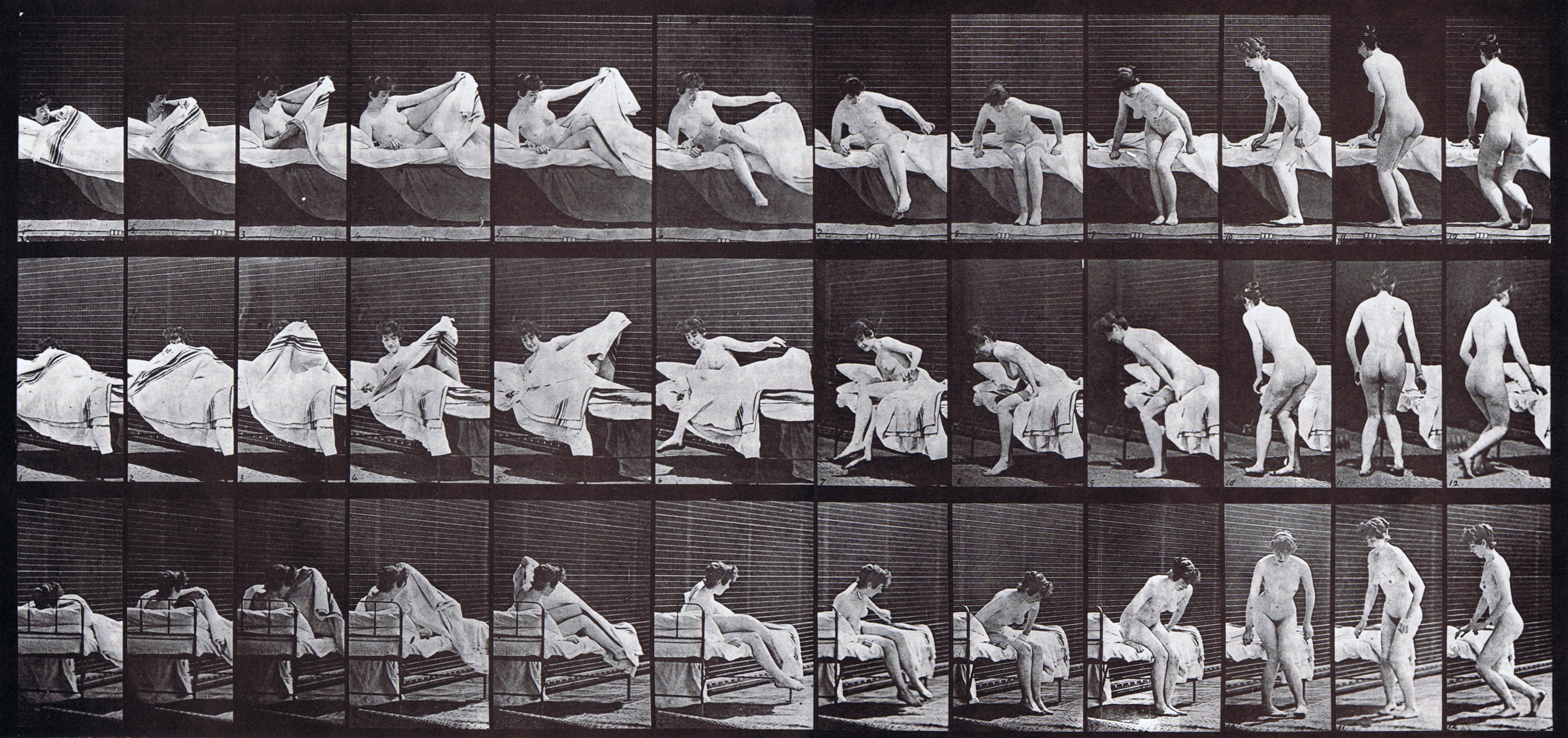 large profile, front three-quarter, and rear three-quarter views of nude female getting out of bed then preparing to kneel animation reference using muybridge plate 264 from animal locomotion