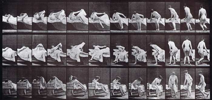 Profile, front three-quarter, and rear three-quarter views of nude female getting out of bed then preparing to kneel animation reference using muybridge plate 264 from animal locomotion