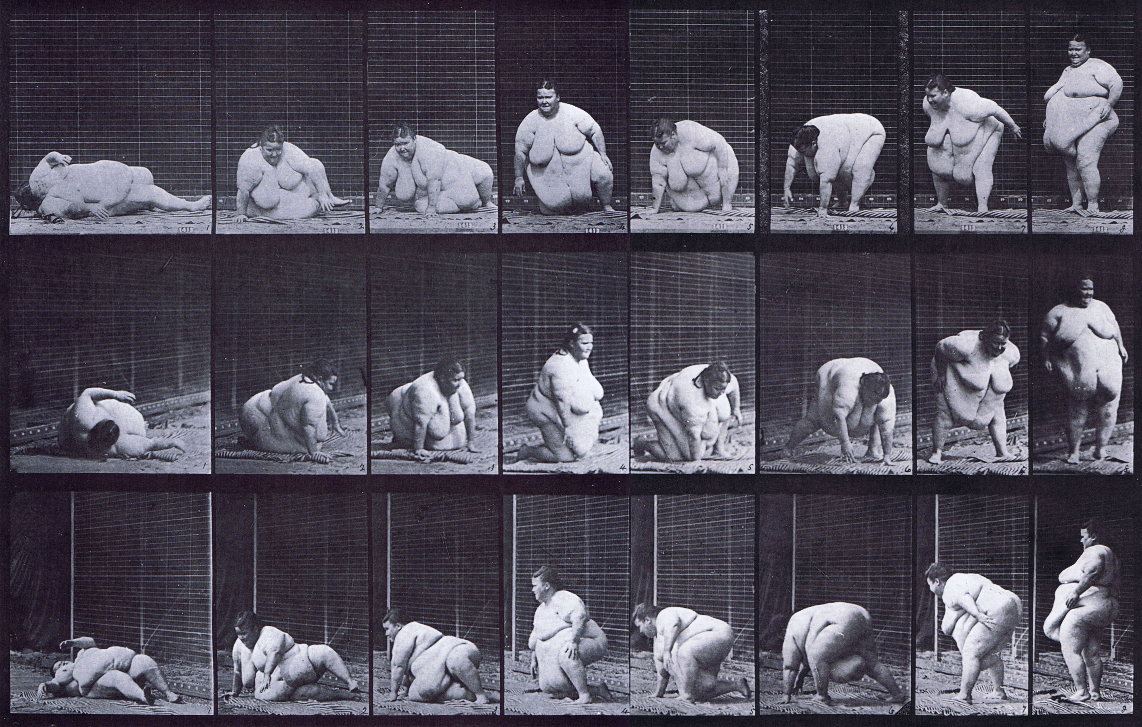 large profile, front three-quarter, and rear three-quarter view of nude overweight female arising from ground animation reference using muybridge plate 268 from animal locomotion
