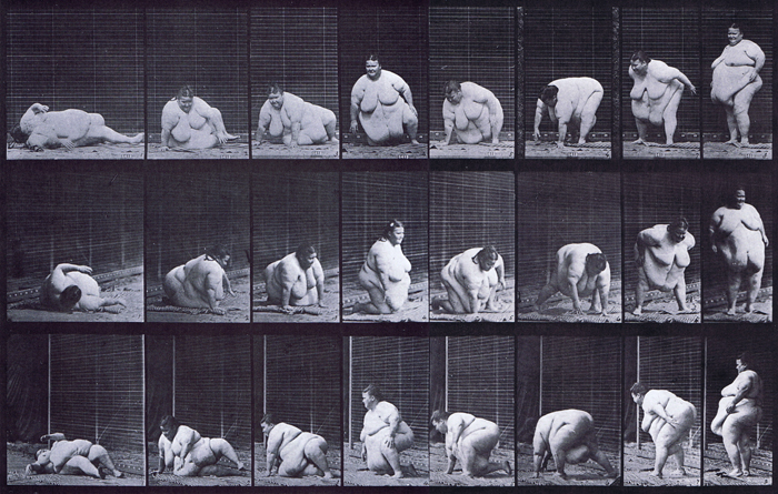 Profile, front three-quarter, and rear three-quarter view of nude overweight female arising from ground animation reference using muybridge plate 268 from animal locomotion