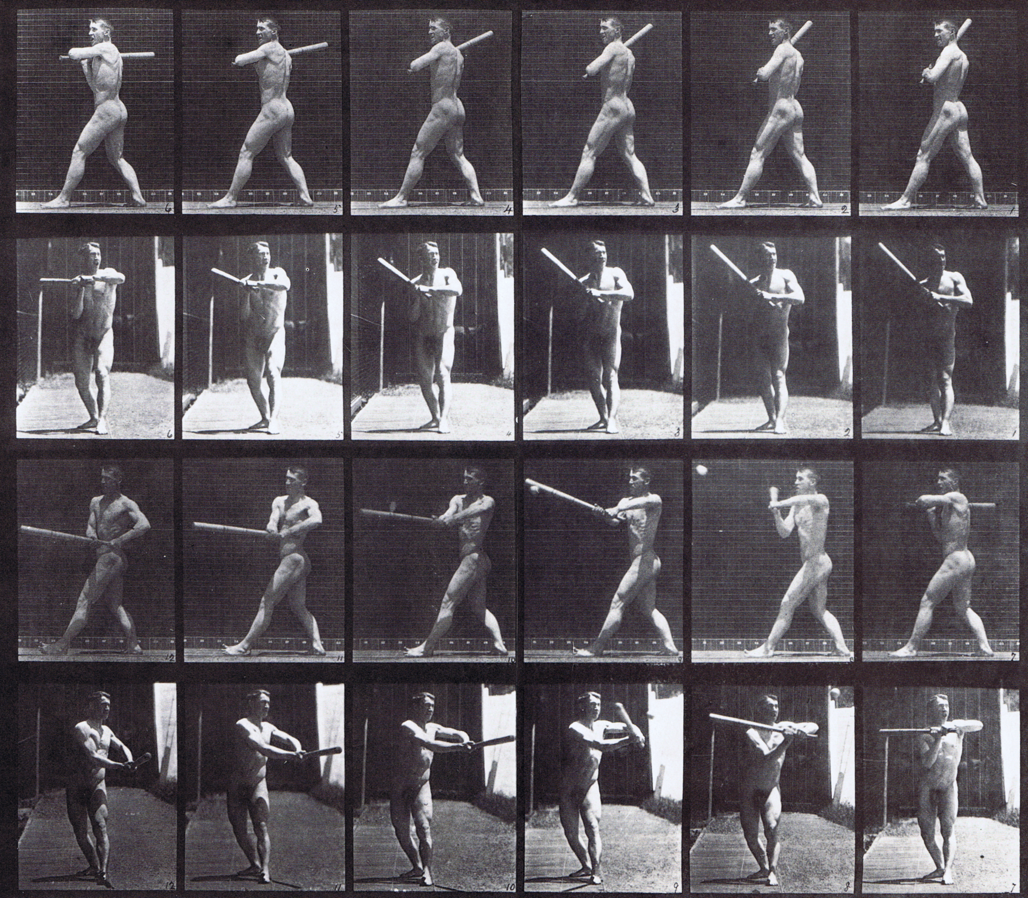large profile and front views of nude male batting at baseball animation reference using muybridge plate 274 from animal locomotion