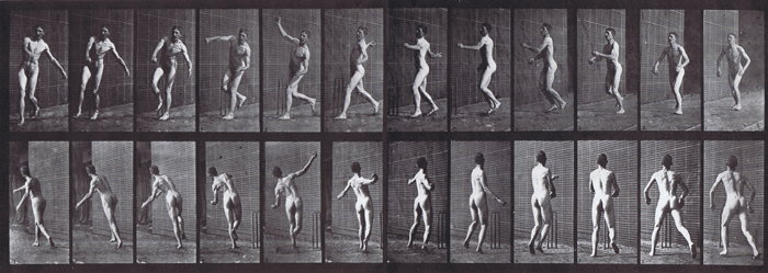 Front three-quarter and rear three-quarter views of nude male throwing overam bowling, cricket pitch animation reference using muybridge plate 290 from animal locomotion