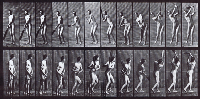 Front three-quarter and rear three-quarter views of nude male swinging a cricket, batting drive animation reference using muybridge plate 291 from animal locomotion